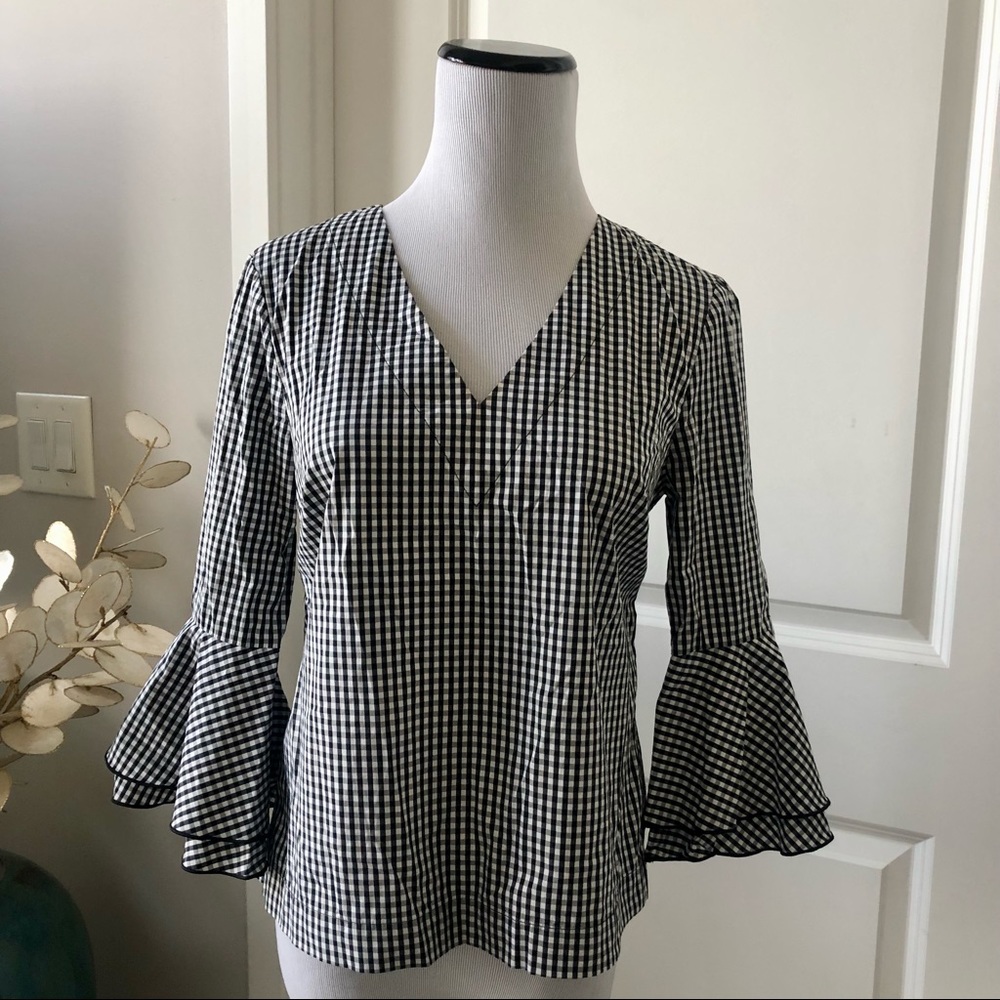 White House Black Market gingham ruffle bell sleeve top size 0